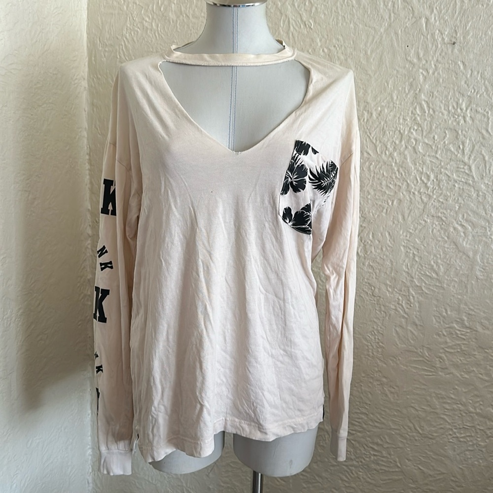 Victoria’s Secret Pink Cream Black Hibiscus Flowers Cutout Choker Neck Tee Shirt